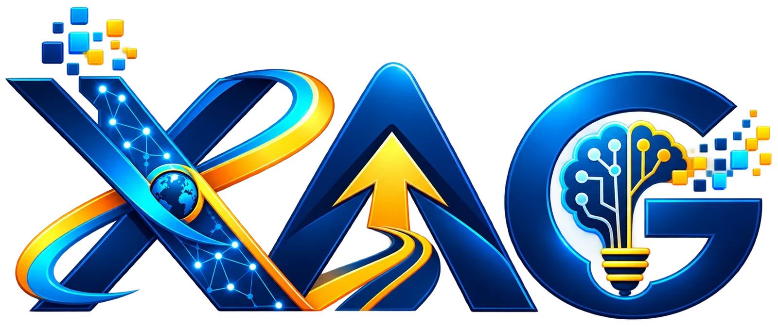 XAG logo: deep blue letters with a gold ribbon, a globe in the X, an upward arrow in the A and a lightbulb brain in the G